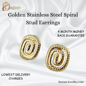 Front view of golden stainless steel spiral stud earrings on white background