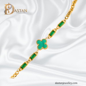 Detailed baguette link stones showing emerald colour and polished gold plating finish.