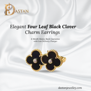 Four leaf black clover earrings with golden beaded border and centre stone